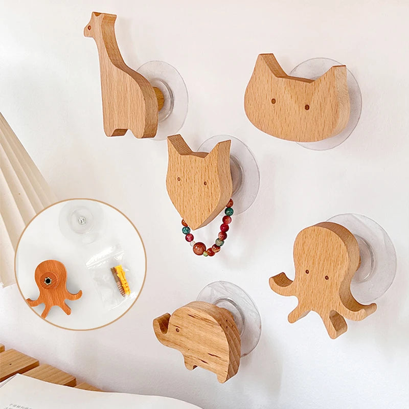 porte clés forme animaux bois naturel minimaliste suction lion girafe hippopotame tortue