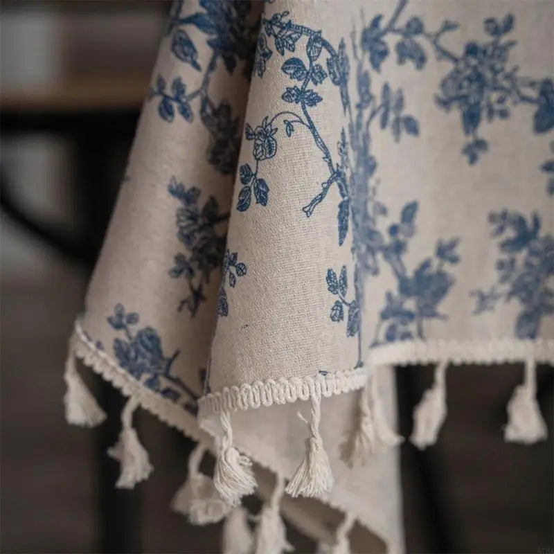 nappe table fleurs bleu coton polyester lavable machine saison thèmes classique vintage tassels