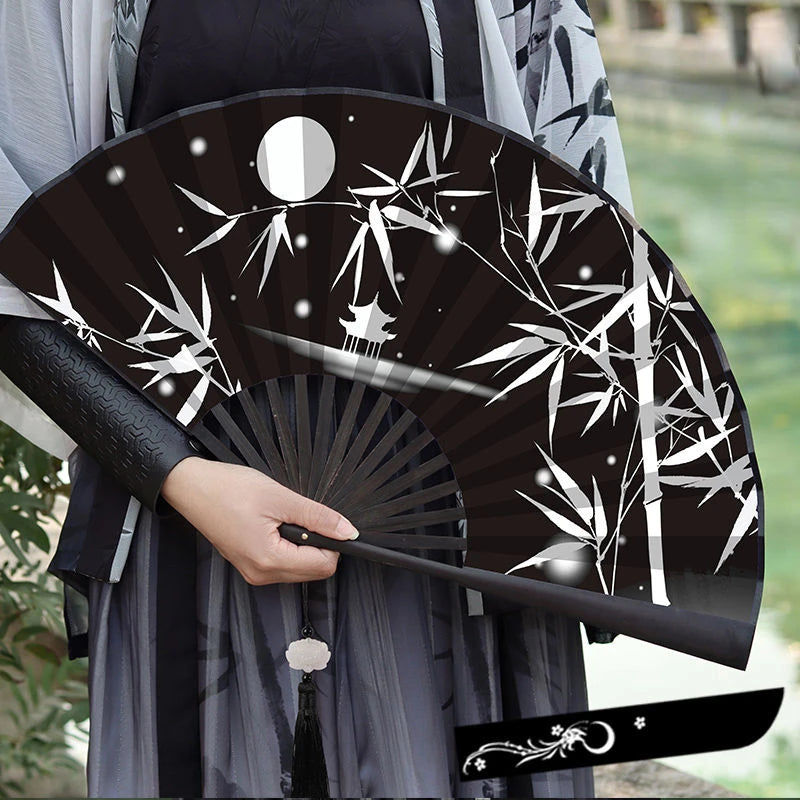 éventail traditionnel japonais paysages oiseaux bambou motifs floraux tassel noir bleu art traditionnel