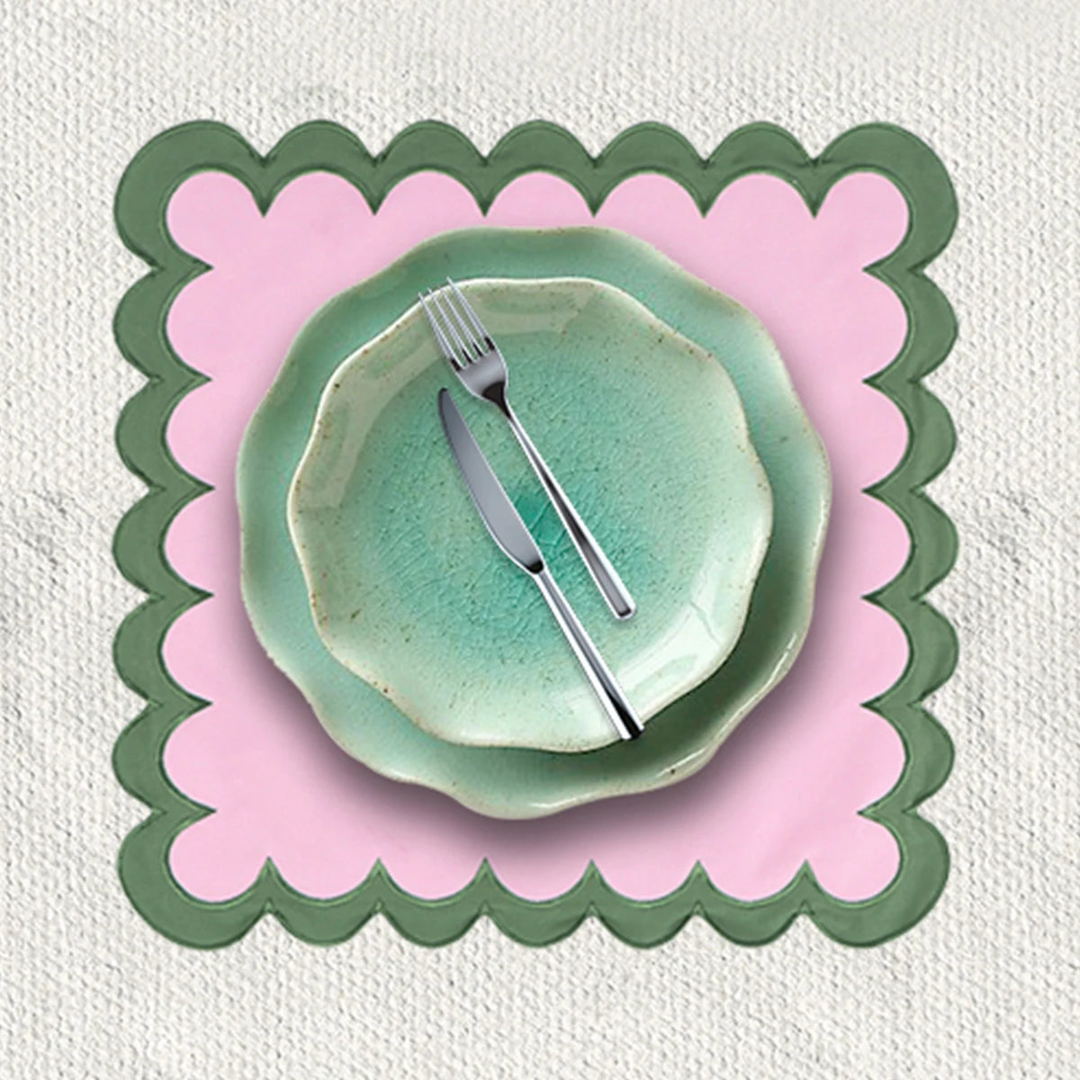 serviette table coton lin brodée bordure festonnée rose vert décoration mariage