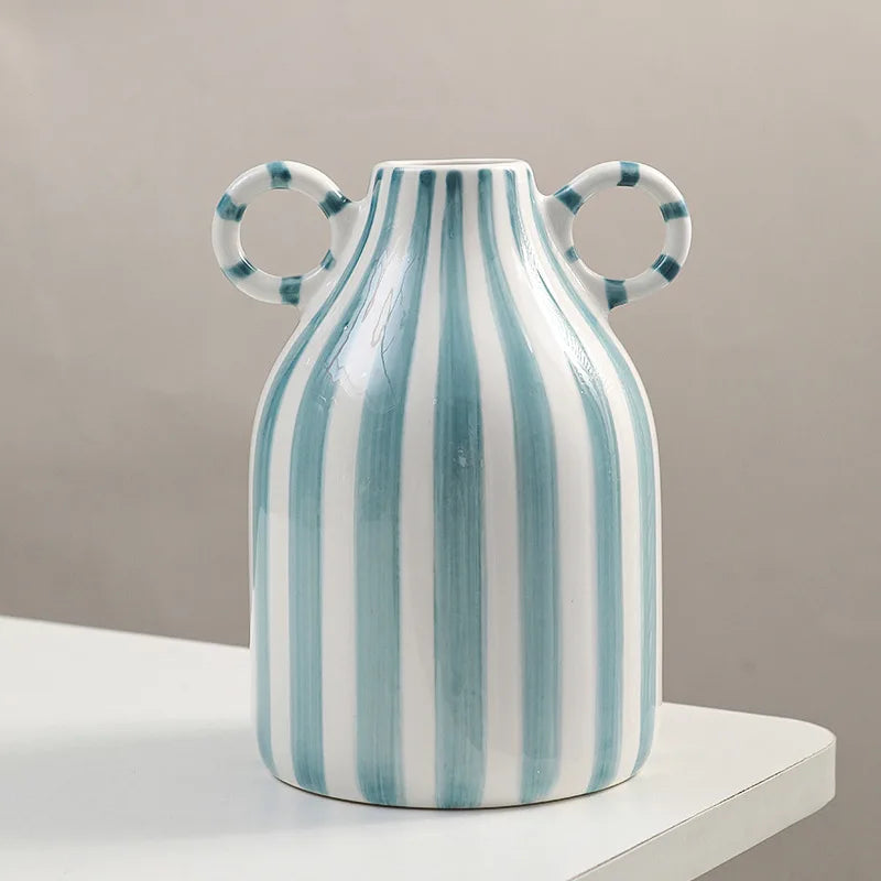 vase moderne céramique rayé bleu clair blanc noir double oreille décoration intérieure fleur hydroponique