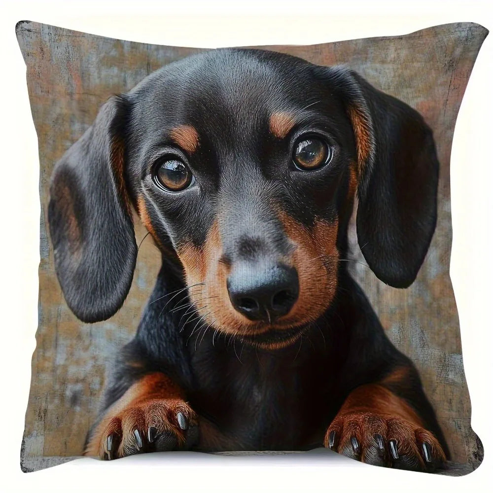 housse coussin carré dachshund imprimé polyester fermeture éclair noir marron beigeintérieur blanc deco intérieure