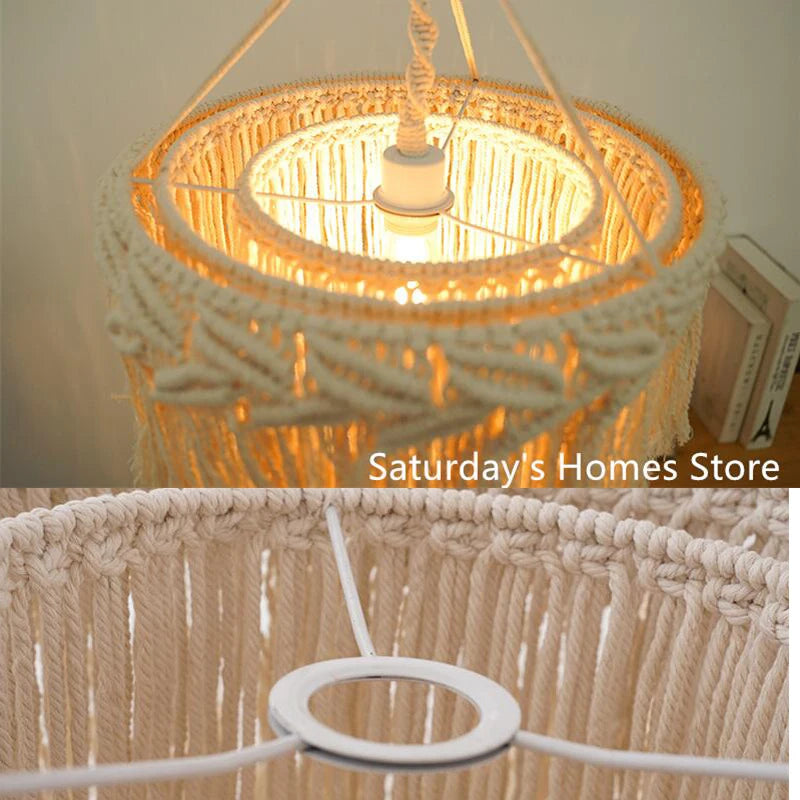 lampe suspendue boho macramé blanc cassé franges artisanal chambre opale coton tissage