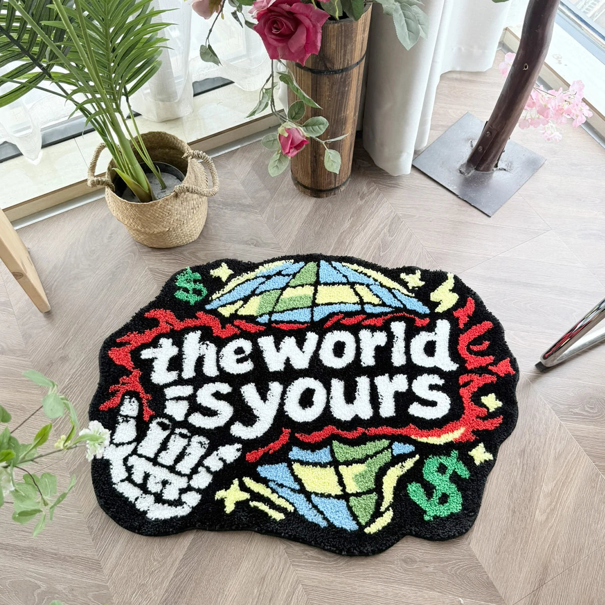 tapis tufté carte monde texte monde est vous symboles monétaires créatif pop art polygone