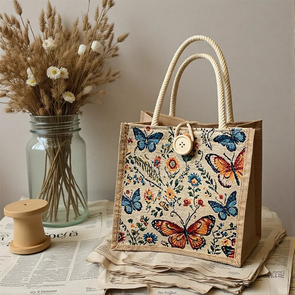 sac main boho chic papillons couleurs vives poignées corde bouton bois portable