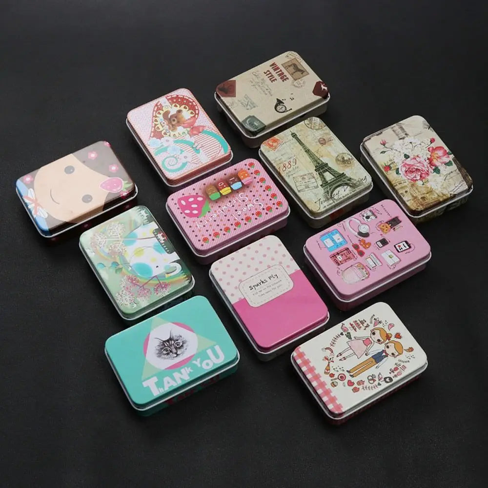 boîtes métalliques multicolores motifs vintage réutilisables rangement accessoires cosmétiques élastiques moderne respectueux environnement