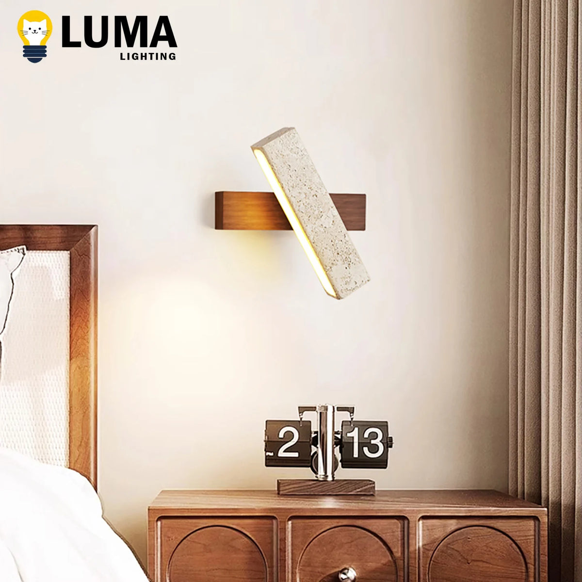 lampe murale led moderne minimaliste pierre bois marron clair interrupteur texture granitique