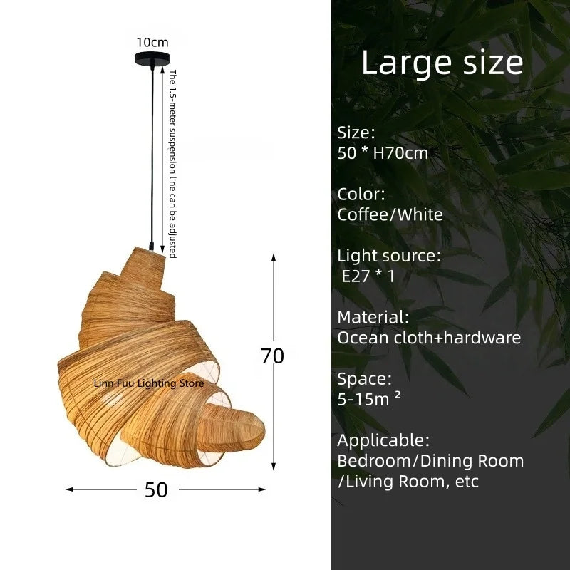 lampe suspendue moderne tricotée main spirale beige marron clair artisanale tissée