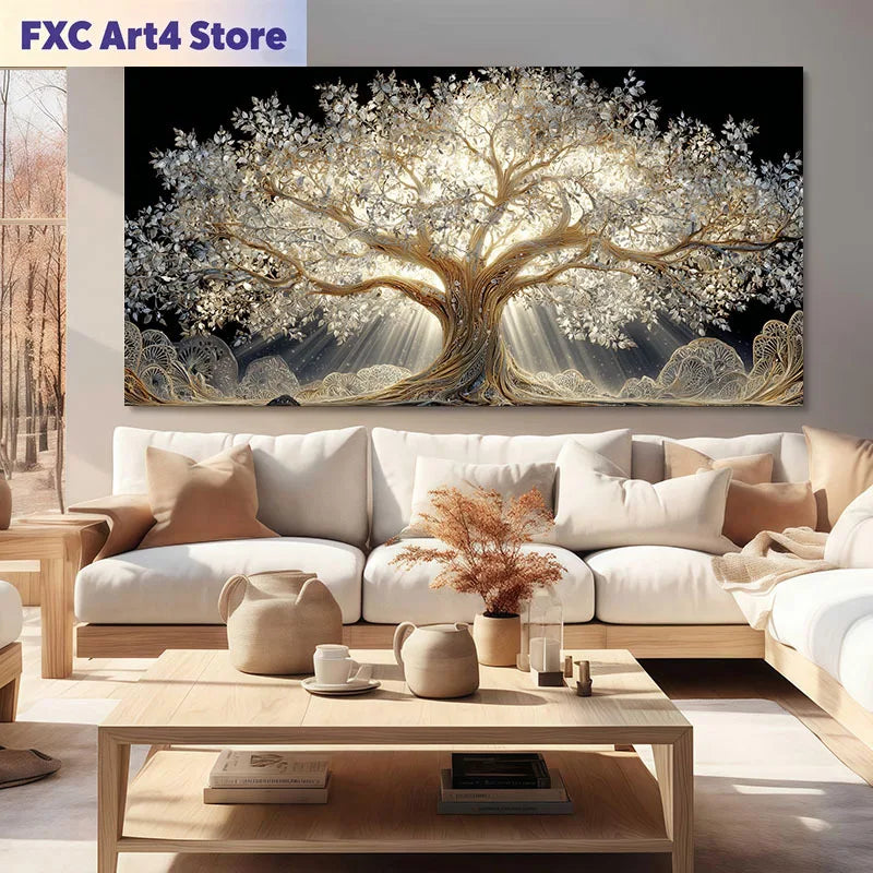 toile d'art contemporaine arbre doré lumière salon chambre vertical sans cadre