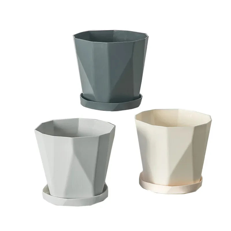 Pots fleurs modernes pots plastique facettes géométriques gris blanc plateau amovibleintérieurextérieur