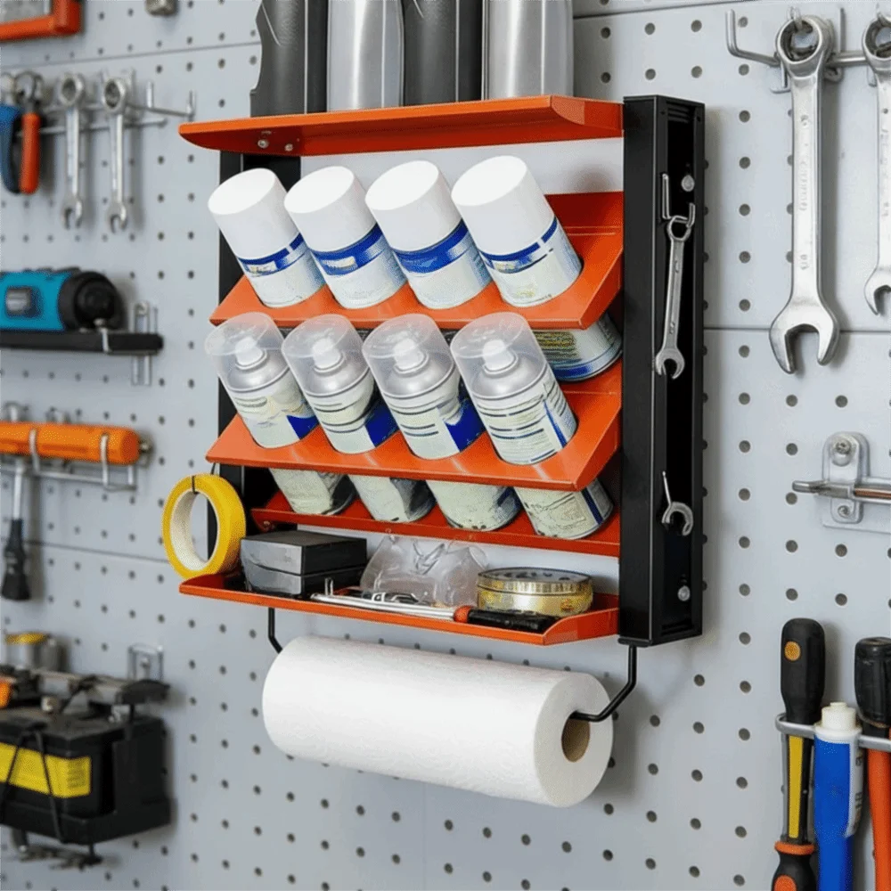 rangement mural industriel orange noir argenté sprays bouteilles outils utilitaires multifonctionnels fixations murales