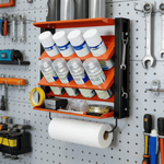 rangement mural industriel orange noir argenté sprays bouteilles outils utilitaires multifonctionnels fixations murales