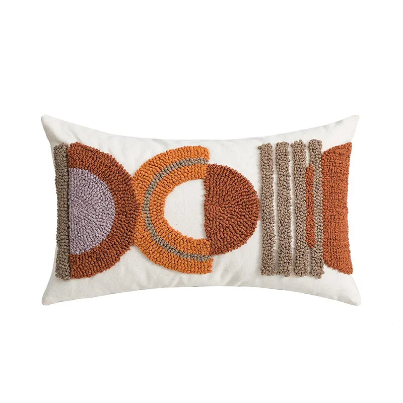 coussin décoratif nordique brodé motif géométrique beige moutarde orange brun boho chic