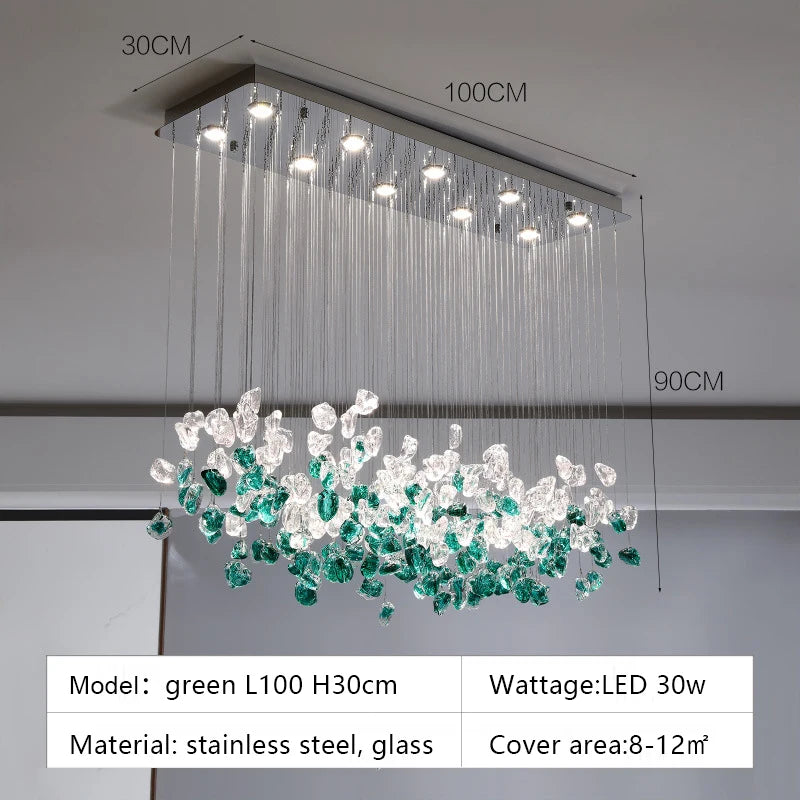 suspension lumineuse moderne gouttes cristal transparent verte ambrée 100cm 120cm 150cm