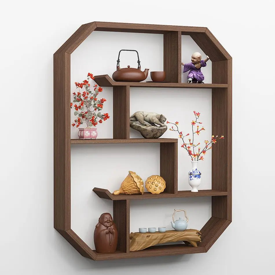 étagère murale bois naturelle moderne minimaliste marron foncé vases fleur théières céramique figural pierre