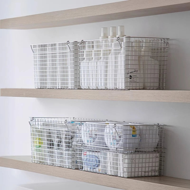 panier métallique empilable maille fine poignées argenté moderne rangement cuisine écologique