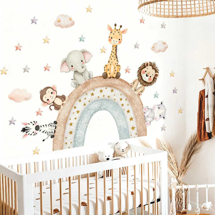 autocollant mural enfant animaux forêt arc ciel girafe éléphant décoration chambre bébé fille garçon