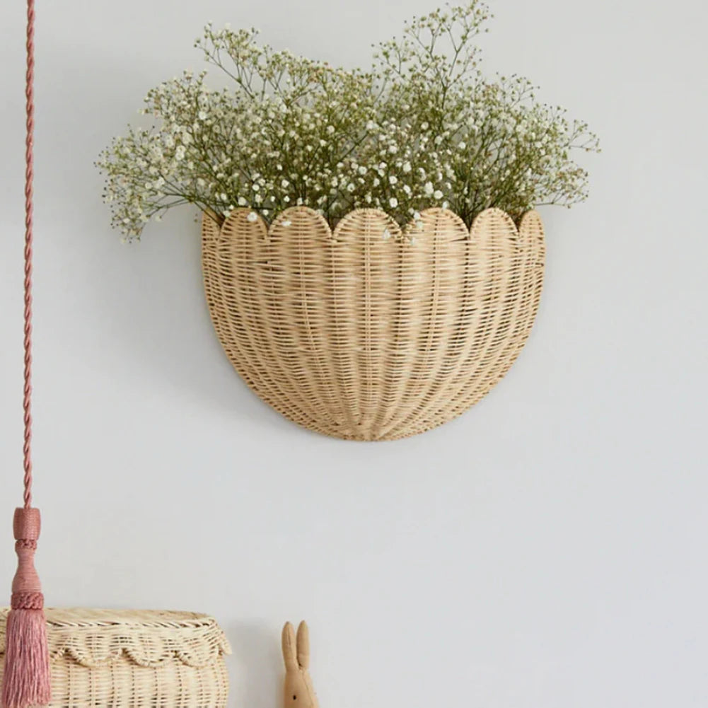 panier rangement tressé bambou beige clair fixé mur traditionnel farmhouse boho