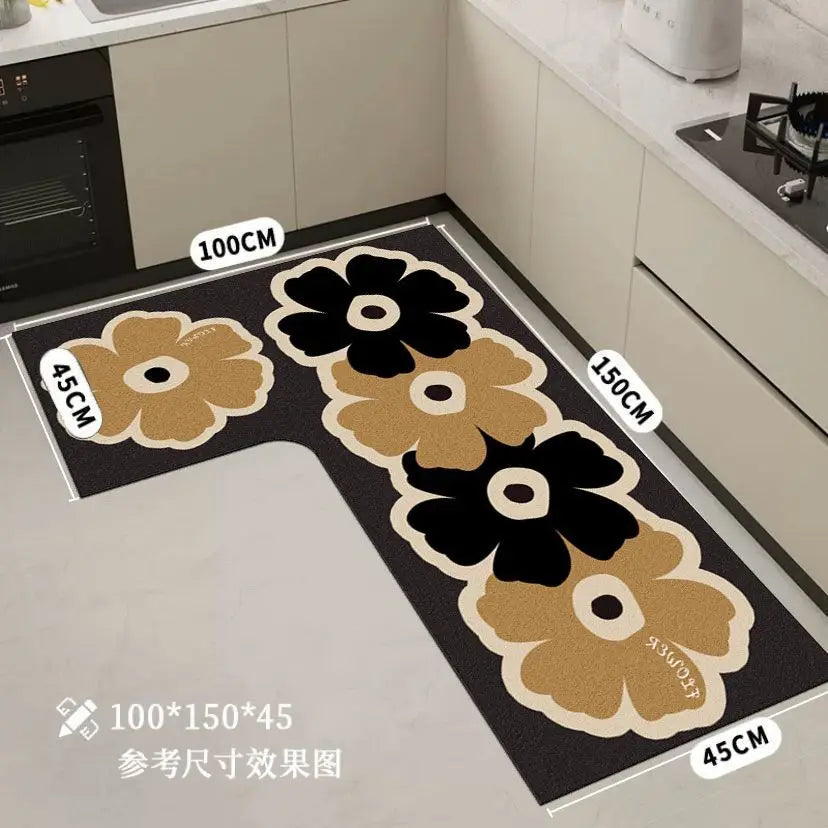 tapis cuisine noir fleurs stylisées moderne imperméable antidérapant polypropylène PVCintérieur sèche rapidement