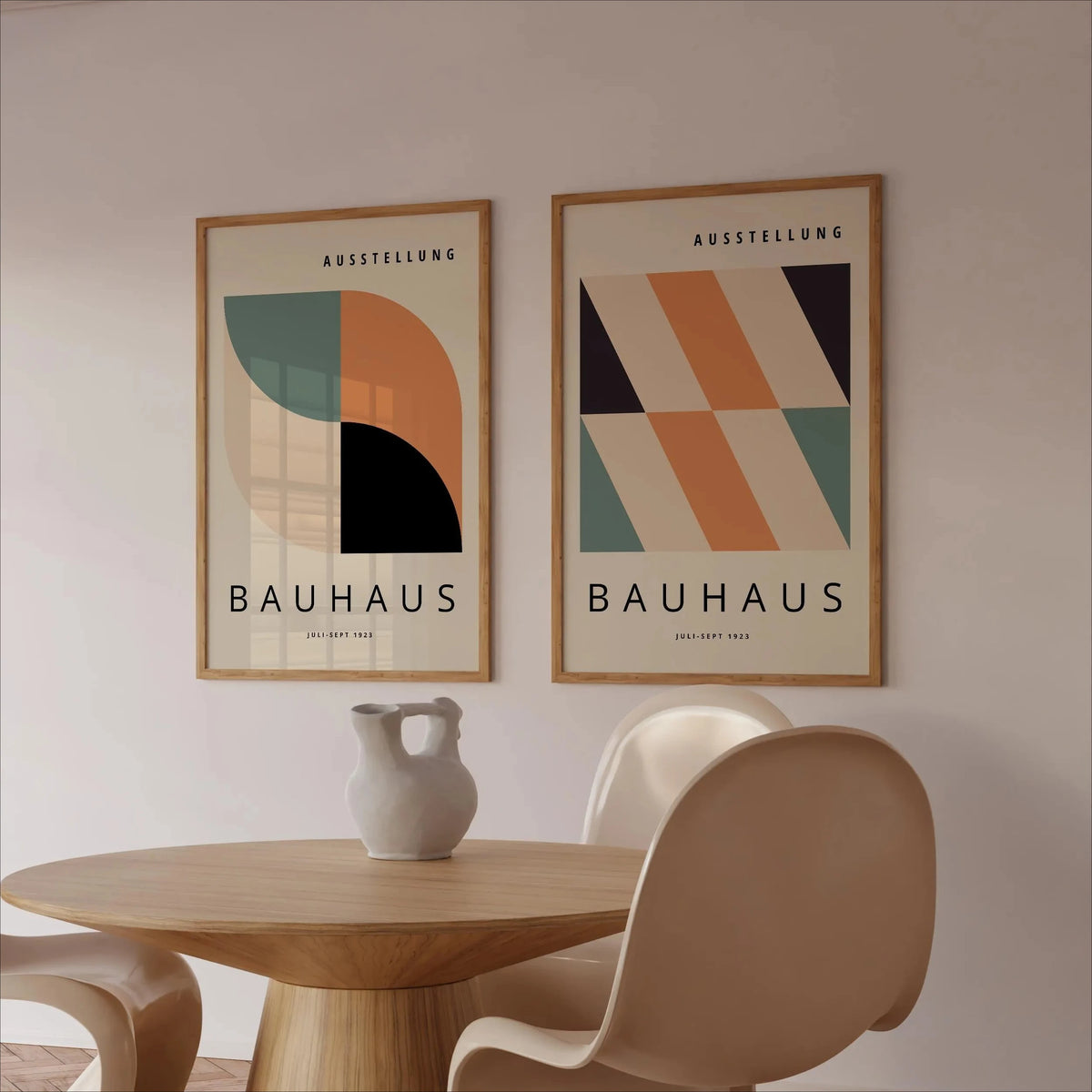 affiche abstraite géométrique moderne minimaliste beige noir orange vert cadre bois chambre salon decoration