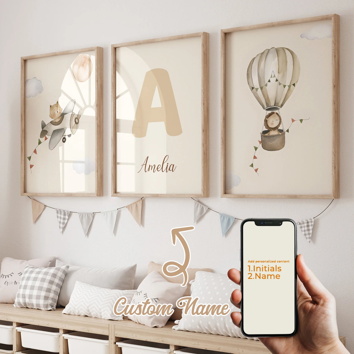affiches animaux ours girafe panda ballon air chaud texte amelia lettres illustration minimaliste salon