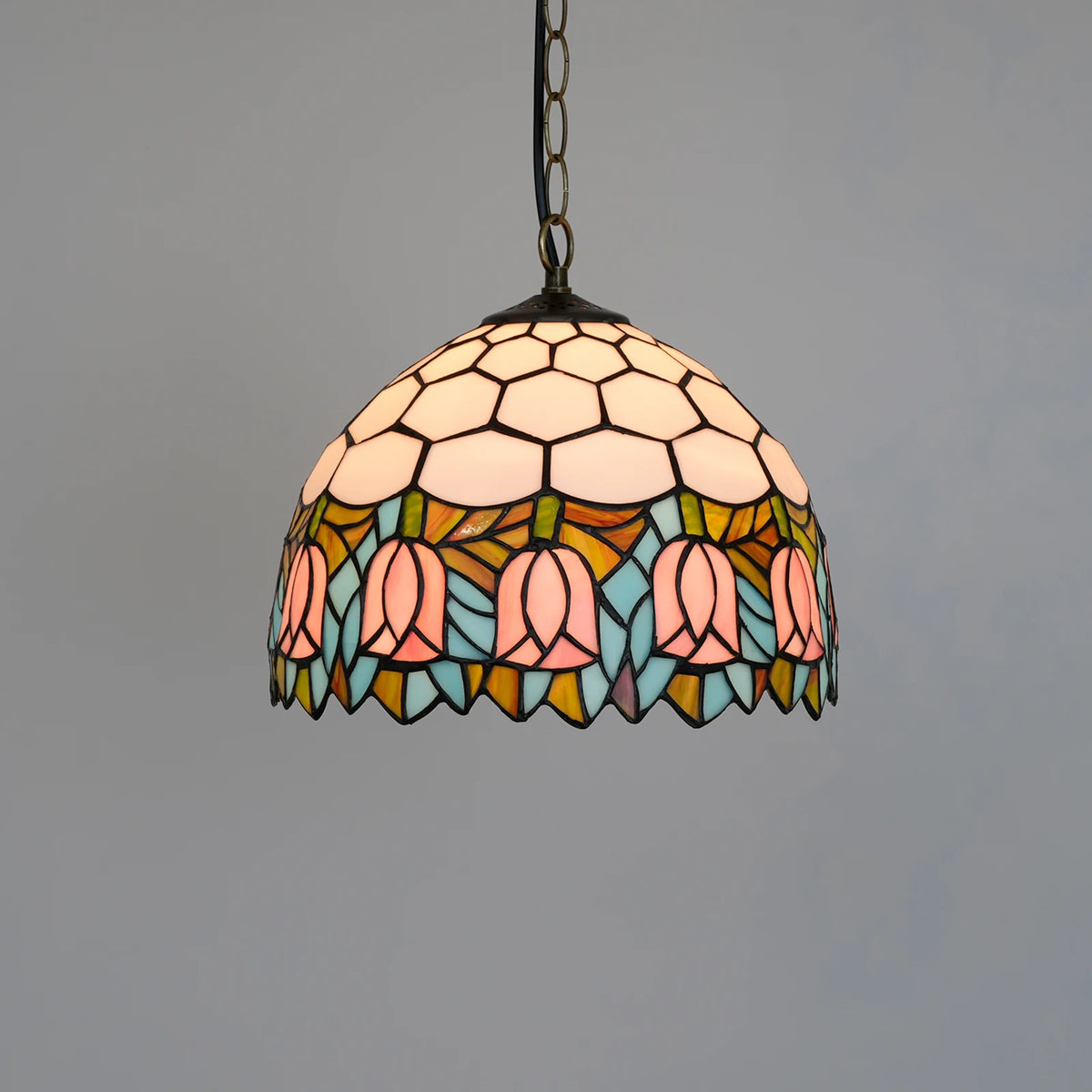 lampe suspendue tiffany fleurs stylisées multicolore rouge orange jaune vert noir adjustable chambre cuisine