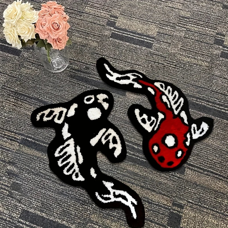 tapis moderne graphique pois squelette noir blanc rouge antidérapant intérieur extérieur chambre salon