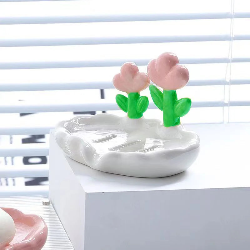 support savon moderne fleurs roses blanc vert salle bain antidérapant drainage accessoire décoration