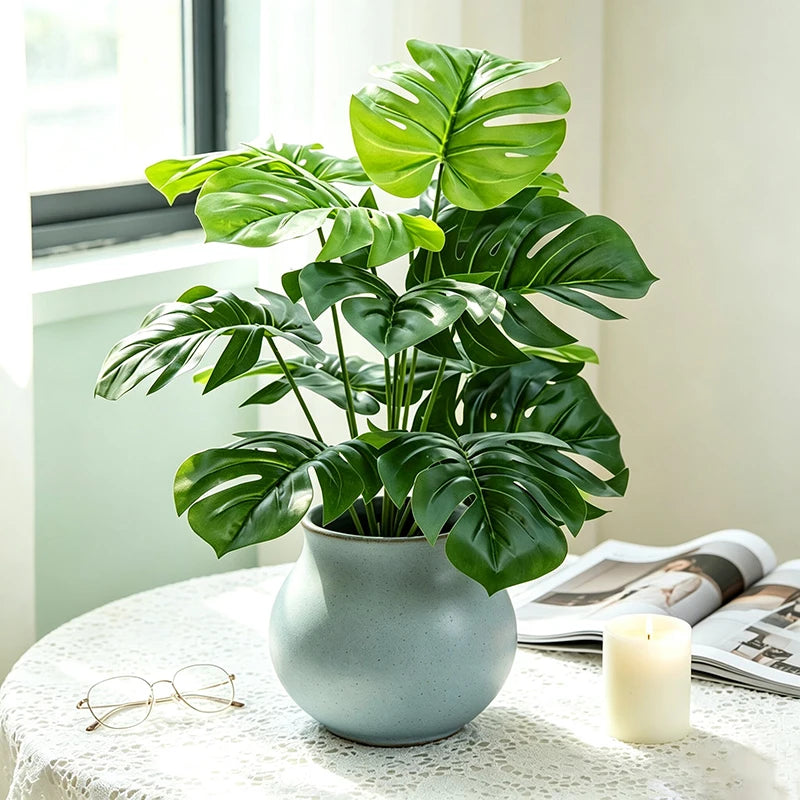 plantes artificielles feuilles monstera vertes deco maison exterieur pot ceramique motifs lignes nuages decoratifintérieur