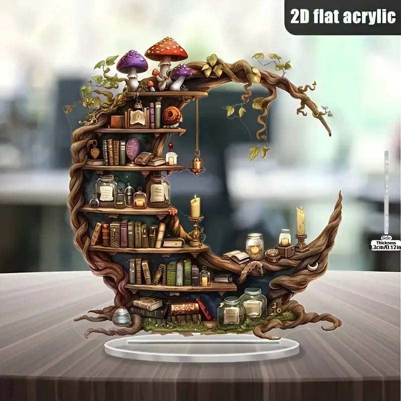 étagère décorative bois naturel acrylique livres champignons bougies cloche Halloween Noël anniversaire fantaisie naturelle