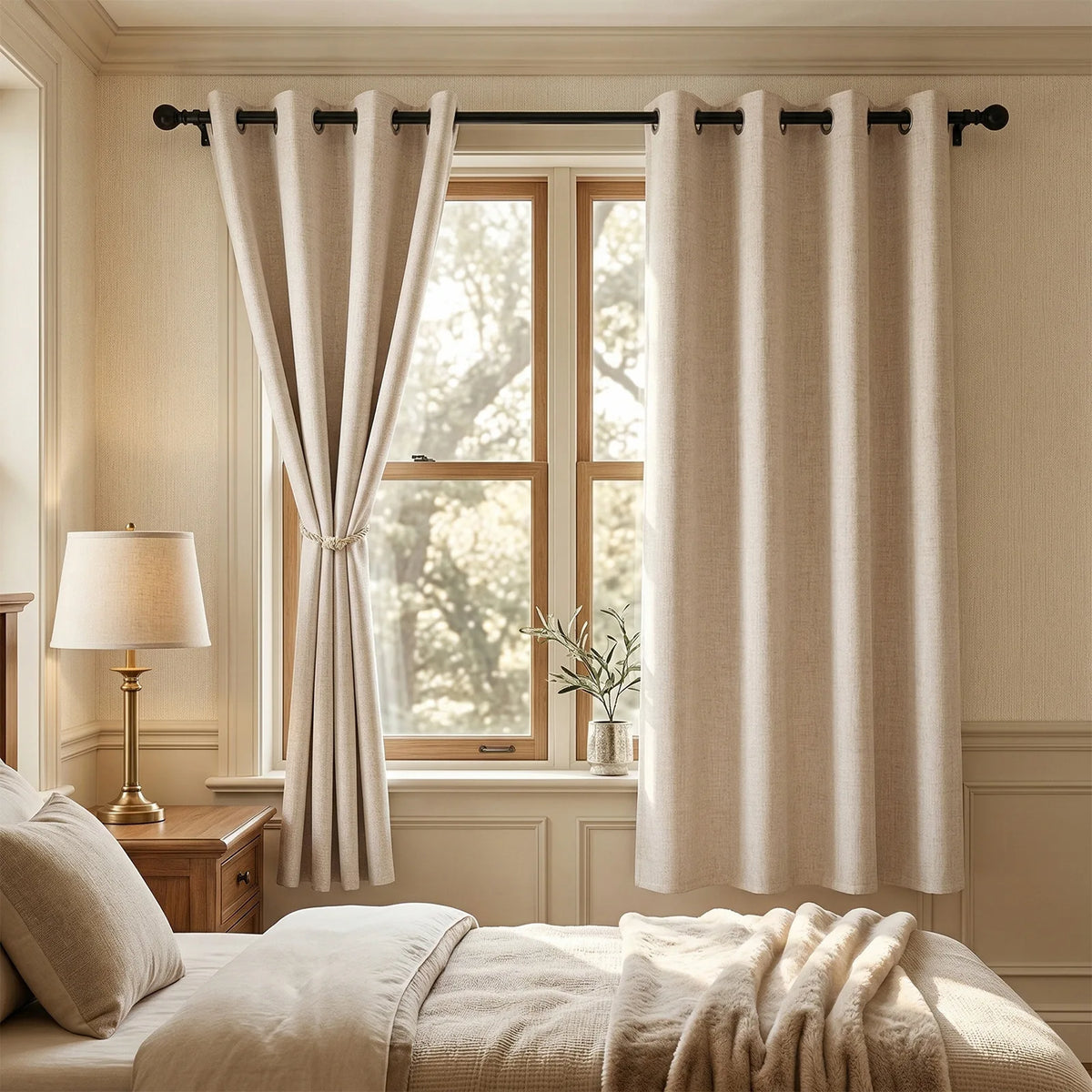 rideau moderne lin beige clair opacité texture naturelle extérieure fenêtre plate anneaux métalliques lampe