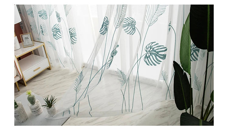 rideau tulle transparent feuilles stylisées moderne blanc vert clair fenêtre français polyester