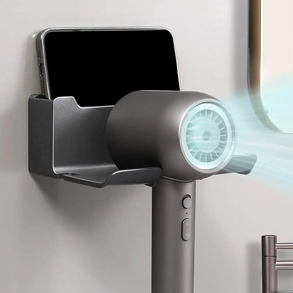 support mural moderne porte séchoir coiffeur brosses produits téléphone noir adhésif salle bain