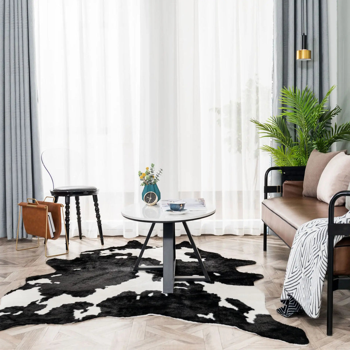 tapis rectangulaire moderne imprimé peau vache noir blanc salon chambre décoration polyester daim