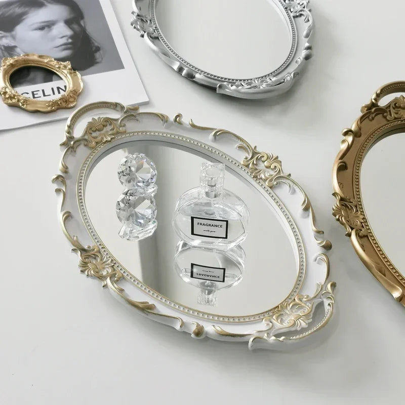 miroirs ovales or argent rose ornements floraux baroques poignées bijoux colliers fleurs artificielles parfum