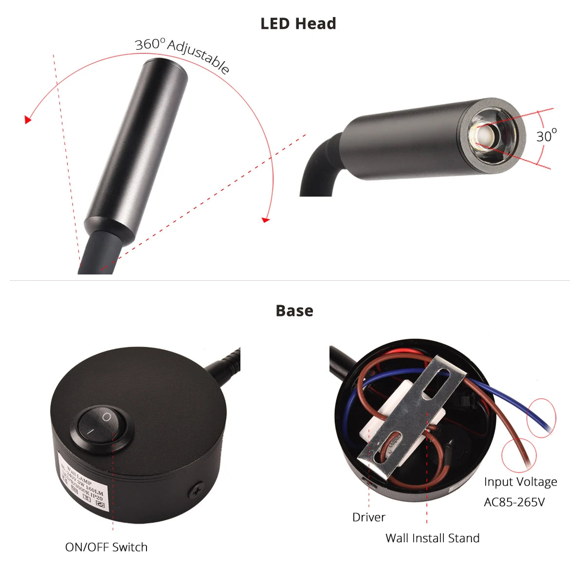 lampe murale led moderne bras articulé réglable lecture chambre blanche noir