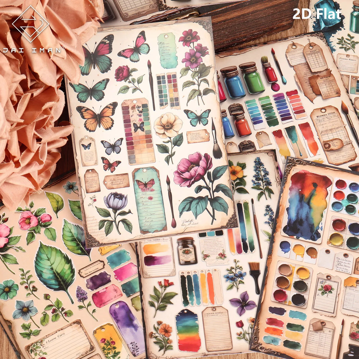 autocollants vintage multicolores floral adhésifs scrapbooking papier fleurs papillons étiquettes pinceaux peinture palette