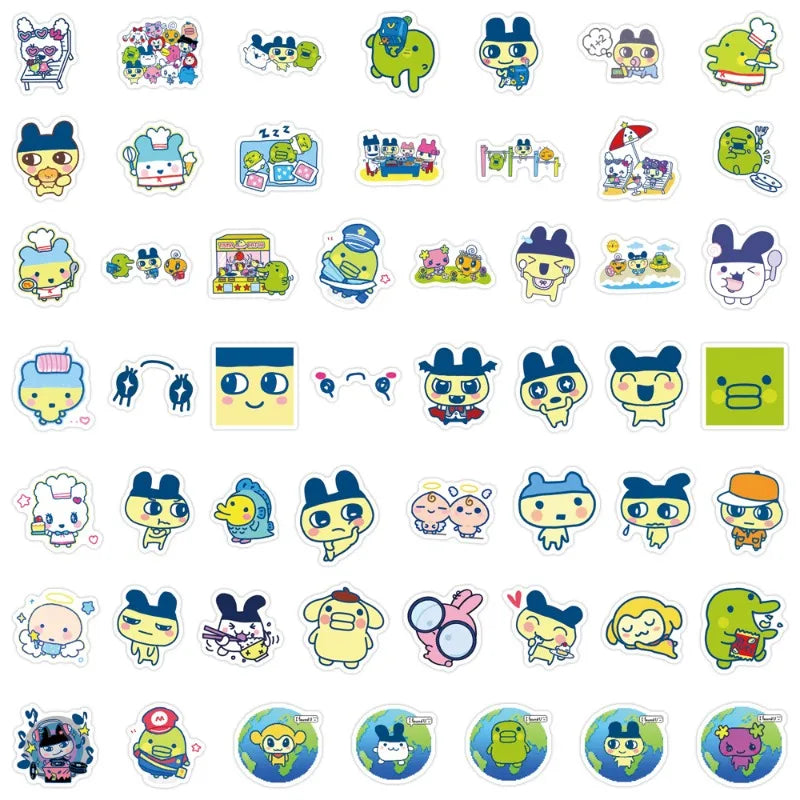 sticker dessin animé personnages animés couleurs vives bleu vert jaune rose noir blanc