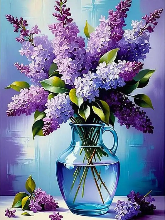 kit broderie diamant bouquet lilas vase verre bleu floral réalistes instructions violet lavender bleu