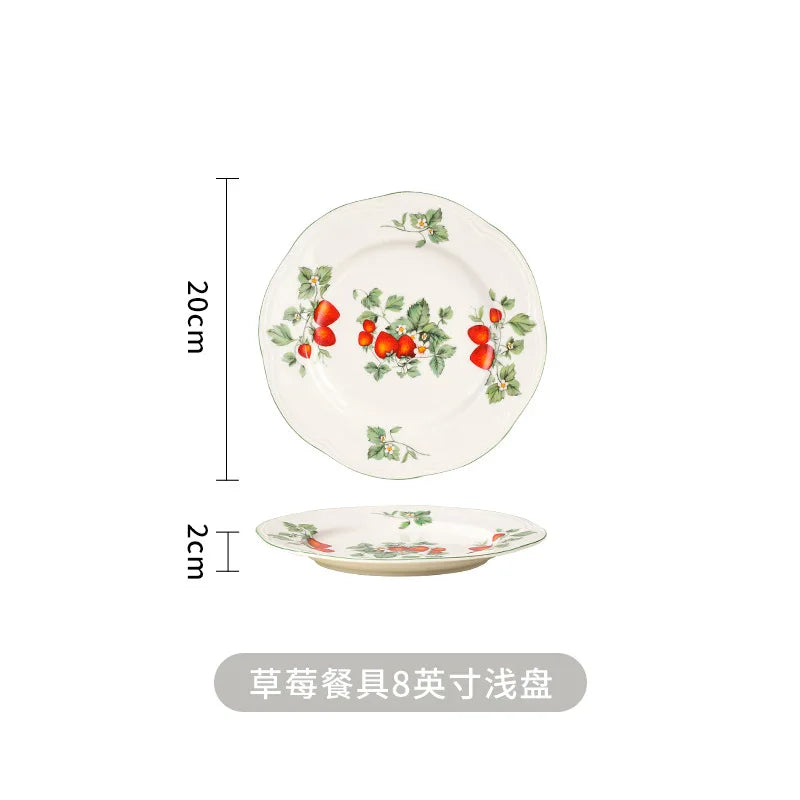 assiettes bol ensemble vaisselle céramique porcelaine motif fruits rouge vert classique opacité blanc