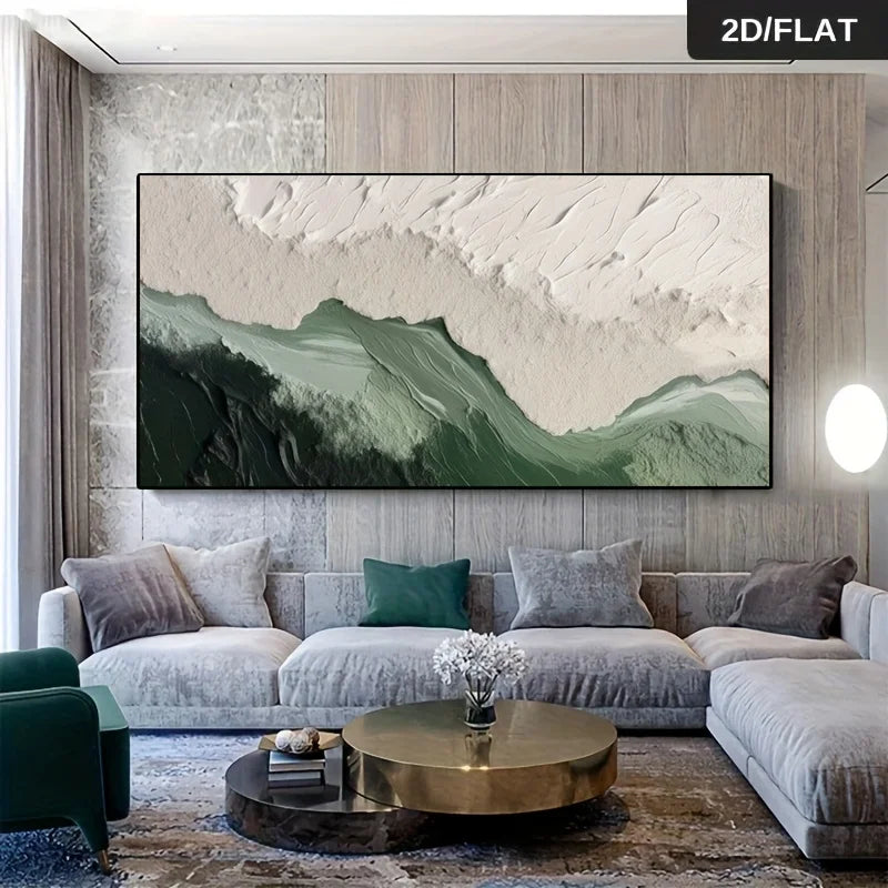 tableau abstrait contemporain toile peinture verte blanc gris sans cadre moderne décoration murale chambre