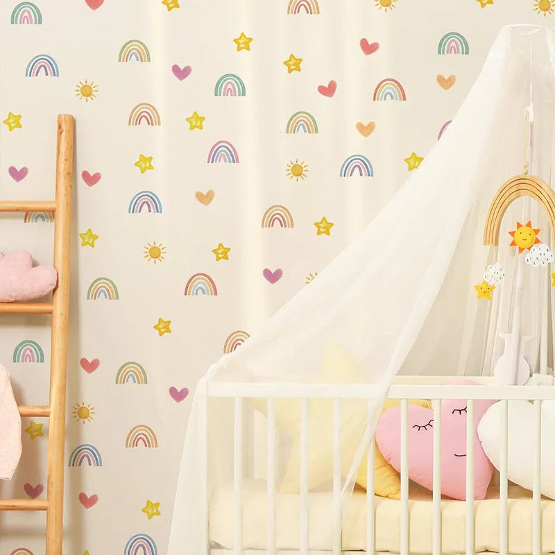 stickers muraux multicolores arc ciel coeurs étoiles décoratifs adhésifs enfants chambre bébé simple motifs