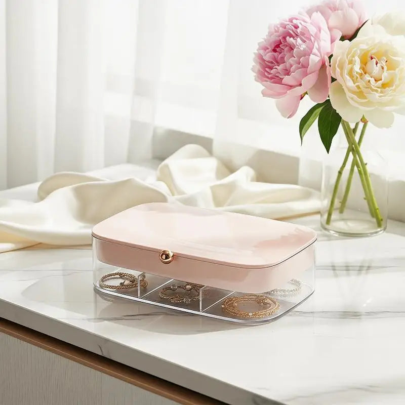 boîte bijoux velours rose clair moderne compartiments transparent couvercle élégant ondulé fixations bijoux voyage