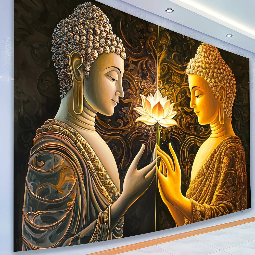 toile d'art bouddha lotus blanc doré noir décoration intérieure religieux motifs floraux