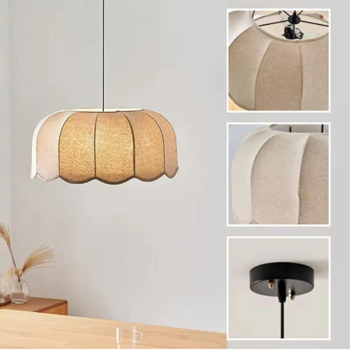 lampe suspendue tissu plissé beige blanc moderne cordon ajustable base E27 salon salle bain
