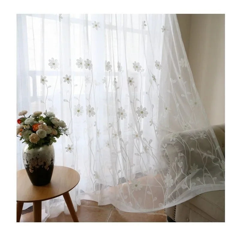 rideau blanc transparent polyester broderie fleurs décoratif salon fenêtre maison