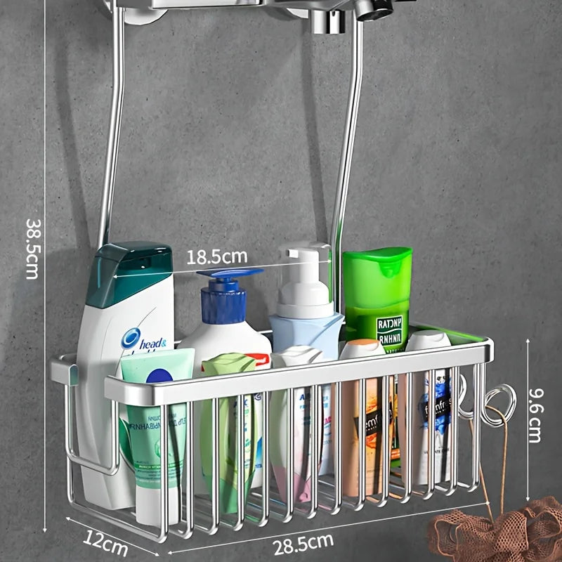 organisateur salle bain suspendu moderne barres métalliques panier rangement shampooing bouteilles éponge minimaliste fixations