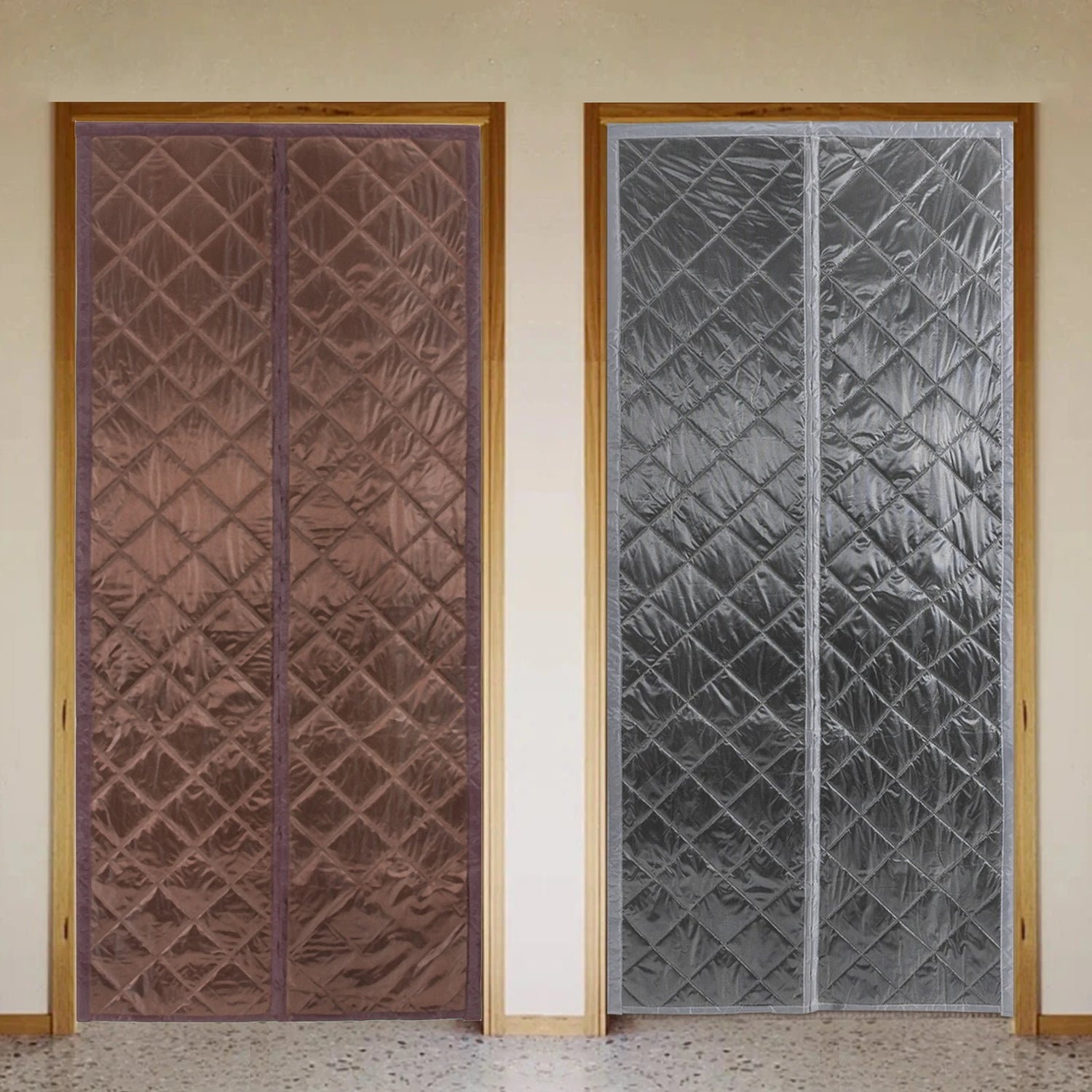 Panneaux isolants pour portes en deux coloris, marron et argenté, idéals pour améliorer l'efficacité énergétique de votre intérieur. Conception moderne et élégante, s'intègre facilement dans différents environnements pour réduire les courants d'air et maintenir une température agréable. Parfait pour une utilisation saisonnière ou toute l'année.