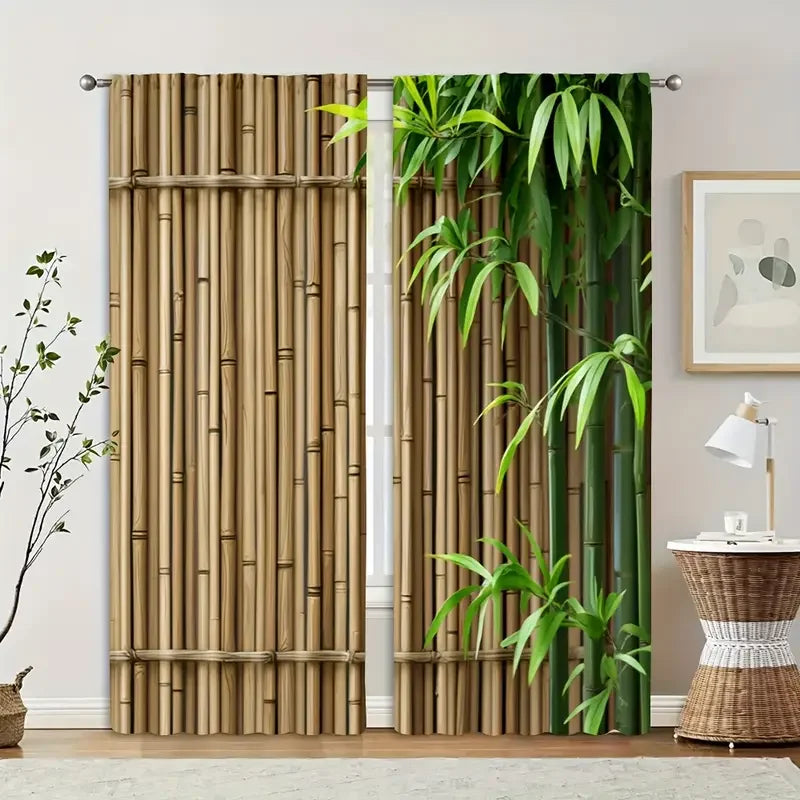 rideau imprimé bambou vert naturel opacité deux pièces fenêtre polyester decoration maison classique rustique
