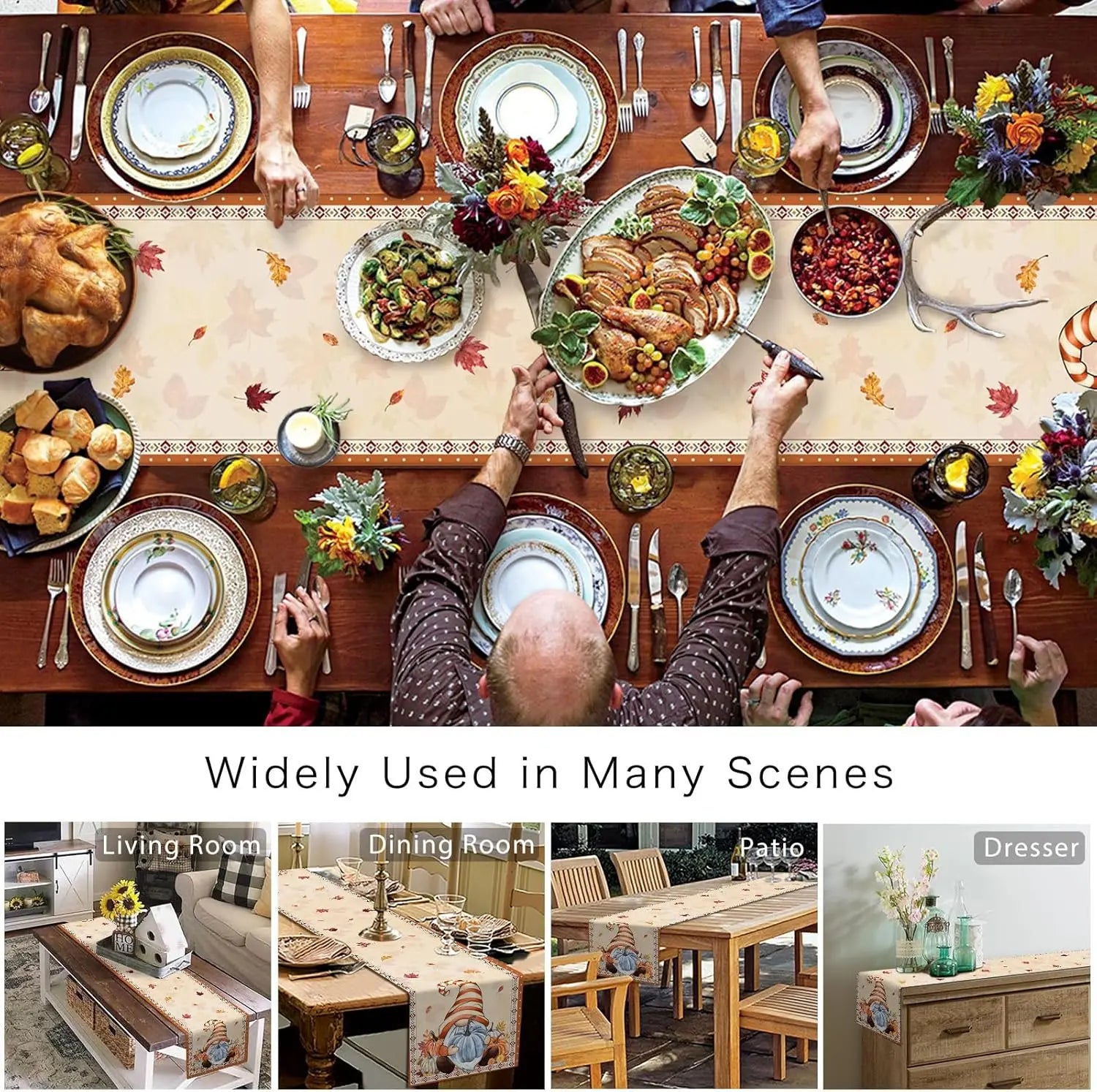 Une table de fête joliment dressée avec une abondance de plats et de décorations d'automne, permettant de l'utiliser dans de nombreuses scènes comme le salon, la salle à manger, le patio ou la chambre.